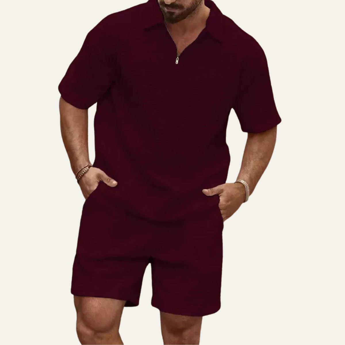 Camille | Men's Knit Shorts Set Cream Waffle Texture