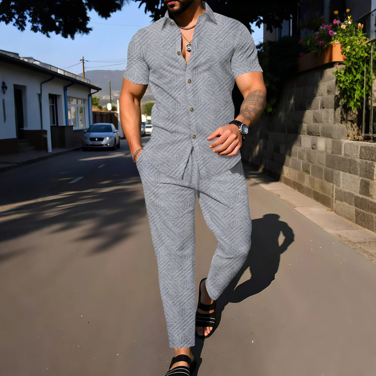 Sage | Men's Casual White Textured Short Sleeve Button Up Lounge Set