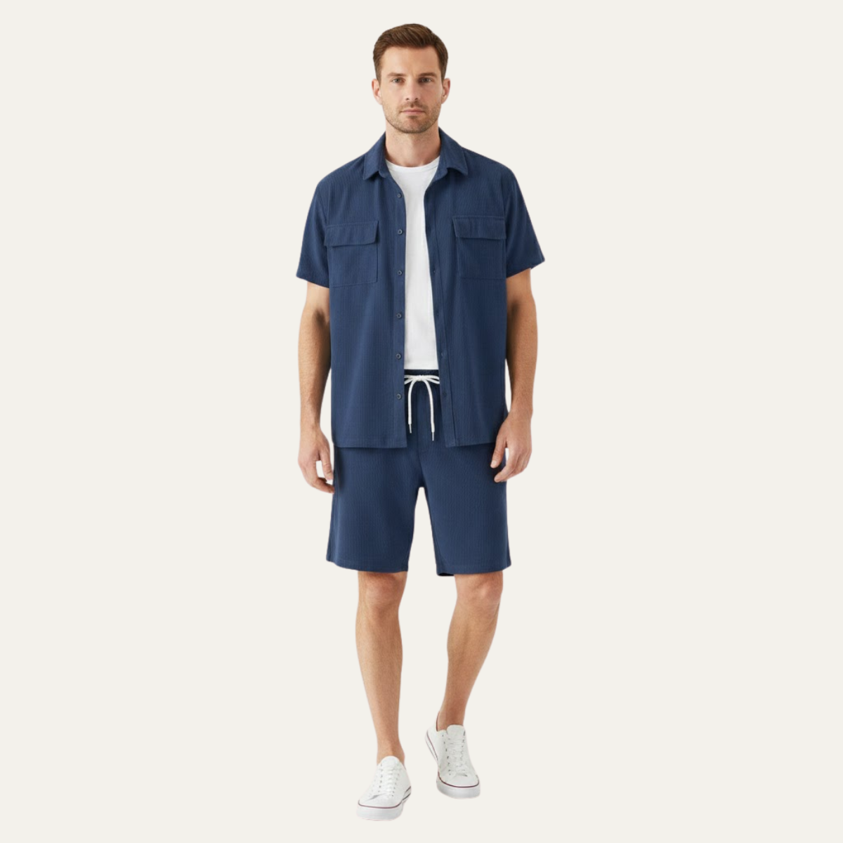 Beau | Men's Casual Corduroy Shorts Set Tan Short Sleeve