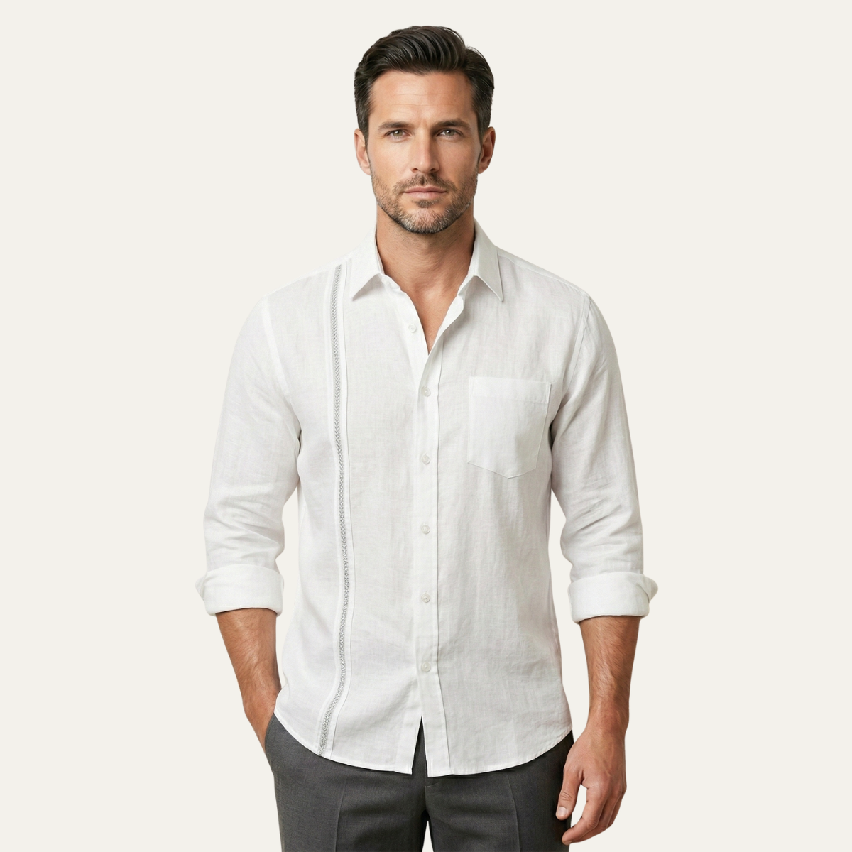 Callum | Men's Linen Button Up Shirt Cream Long Sleeve
