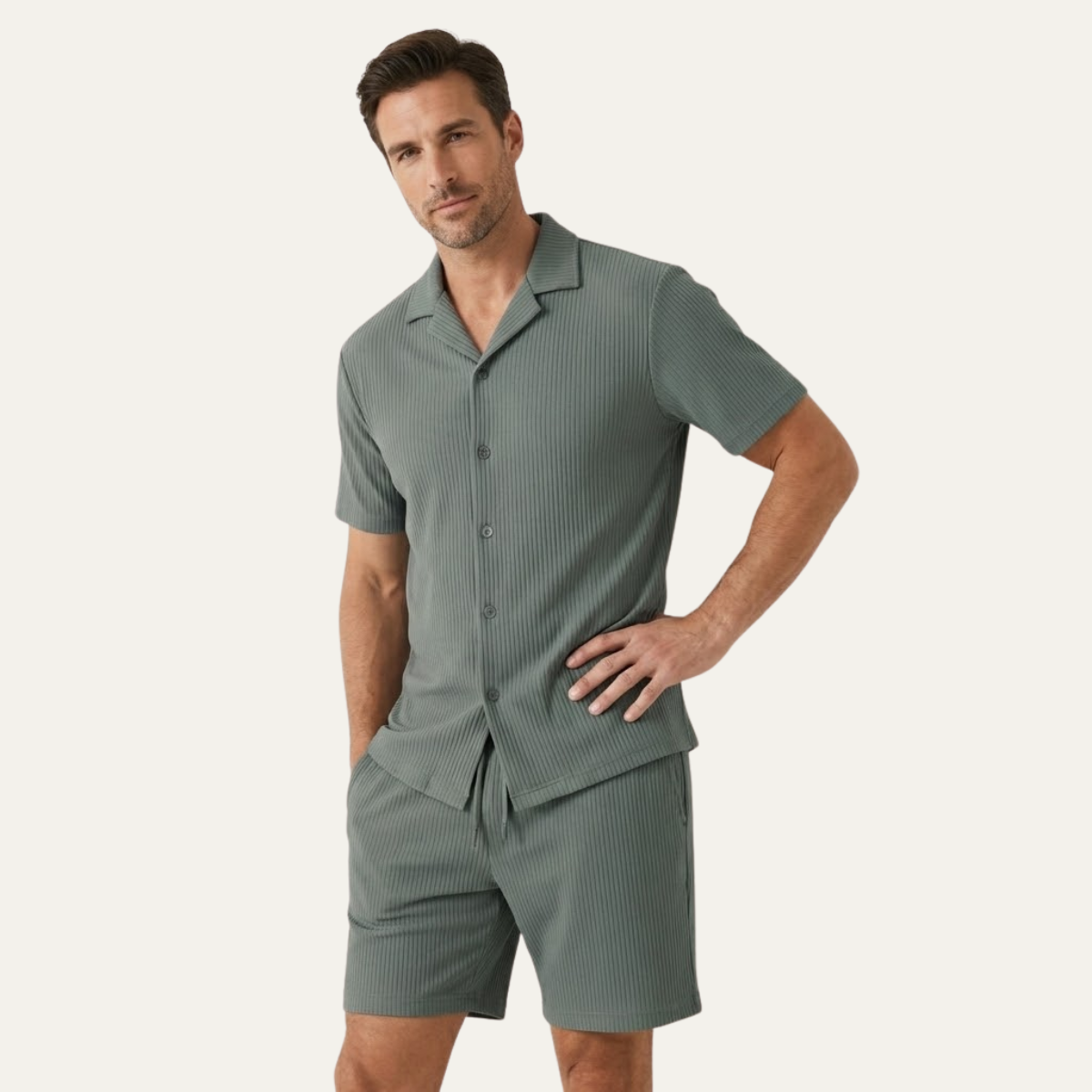 Voss | Men's Lounge Set Black Ribbed Short Sleeve Shirt Shorts