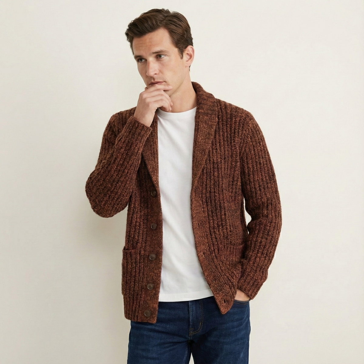 Rhys | Men's Chunky Cable Knit Cardigan Burgundy Shawl Collar