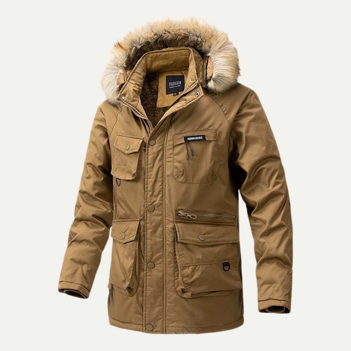 Rowan | Men's Puffer Coat Tan Faux Fur Hood Multiple Pocket