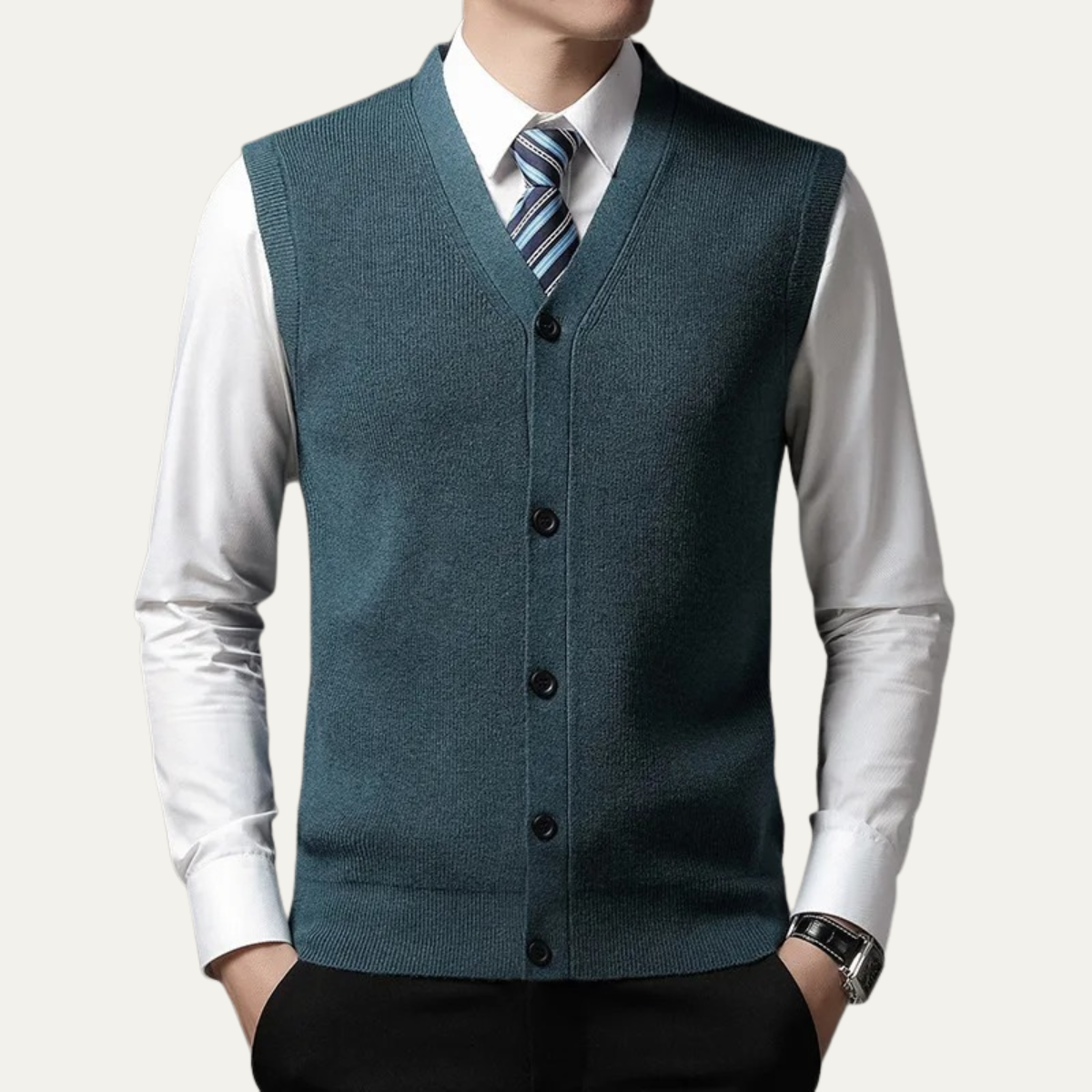 Beau | Men's Sweater Vest Blue Button Up V Neck