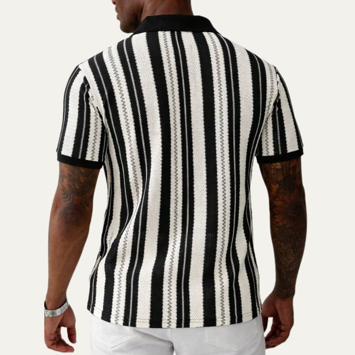 Bram | Men's Striped Knit Polo Shirt Black Cream