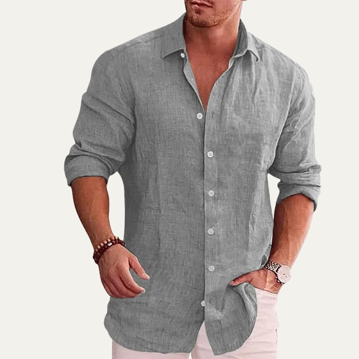 Ezra | Men's Linen Shirt Cream Button Up Long Sleeve