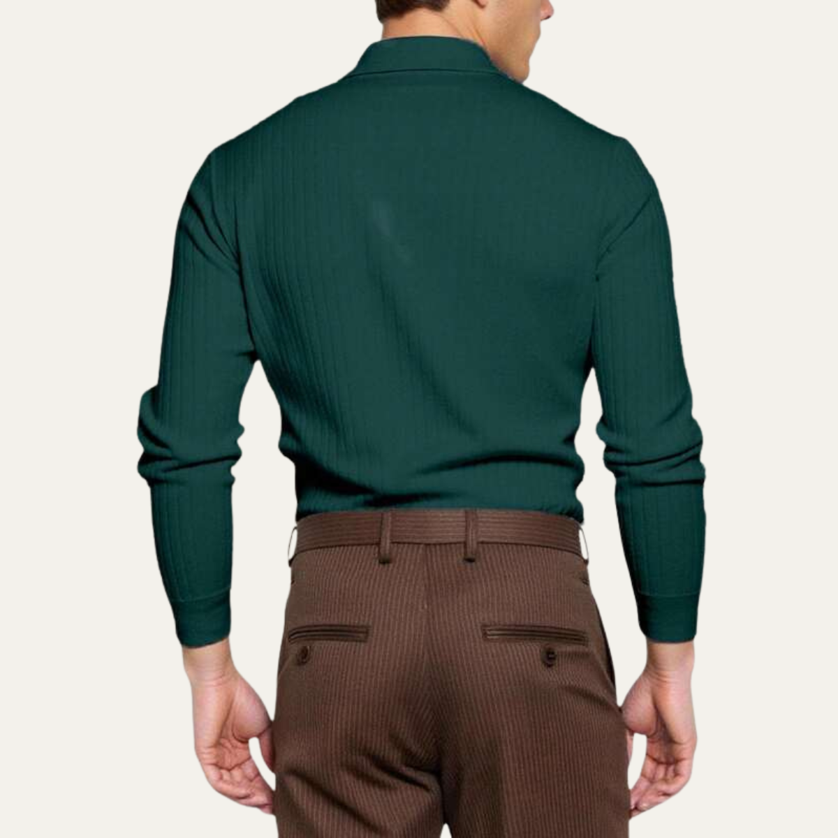 Bram | Men's Ribbed Knit Polo Shirt Deep Green Long Sleeve