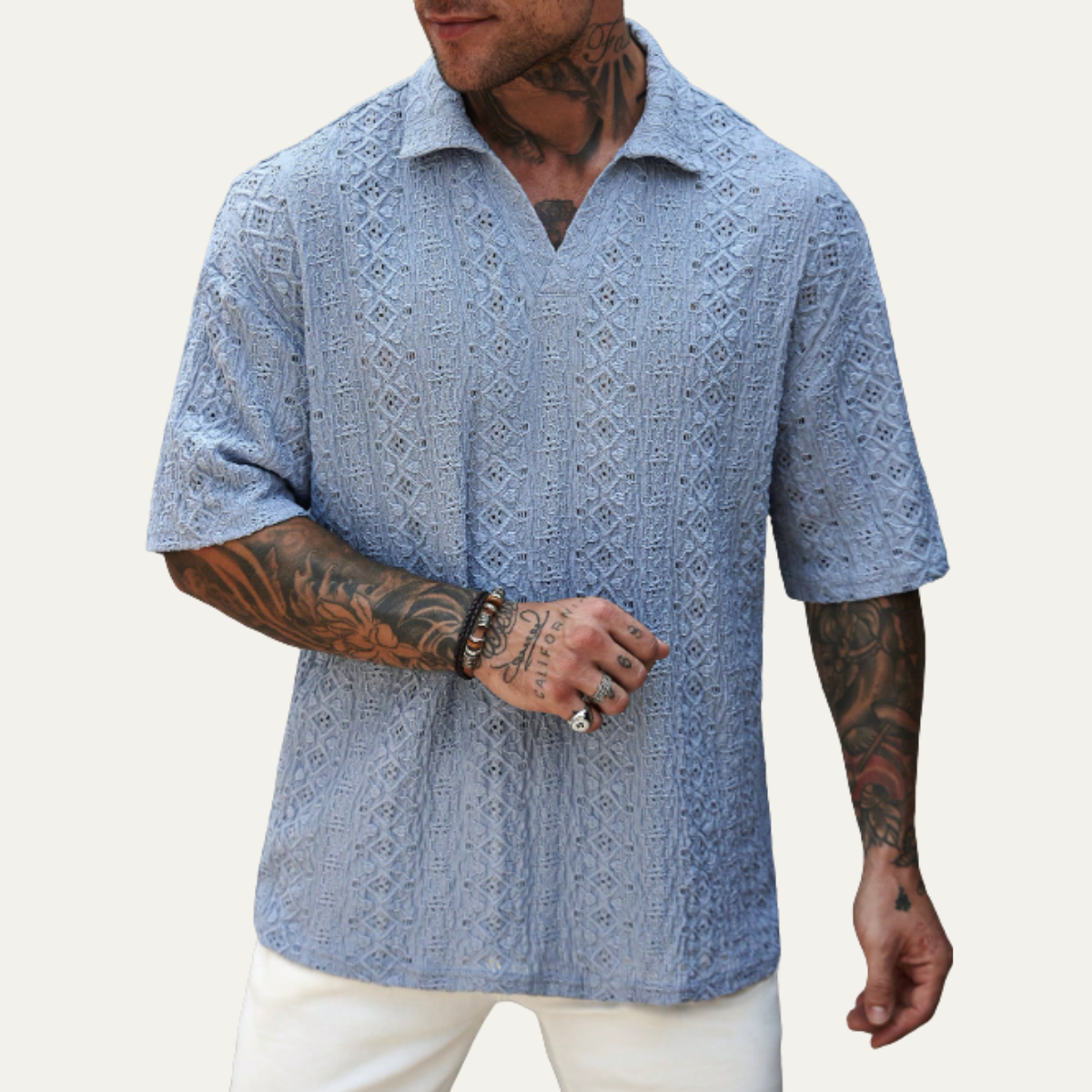 Beau | Men's Boho Linen Shirt Light Blue Geometric Pattern