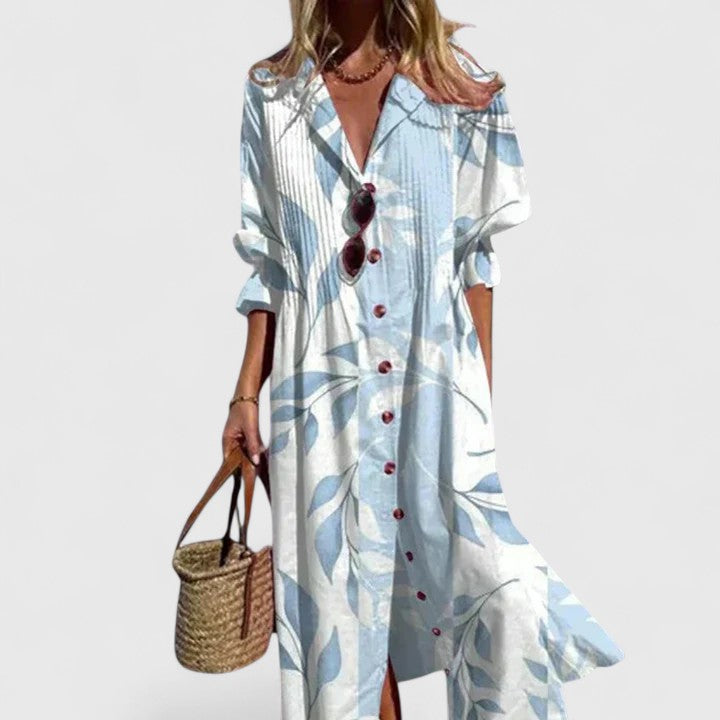 Camille | Women's Floral Midi Dress Long Sleeve White