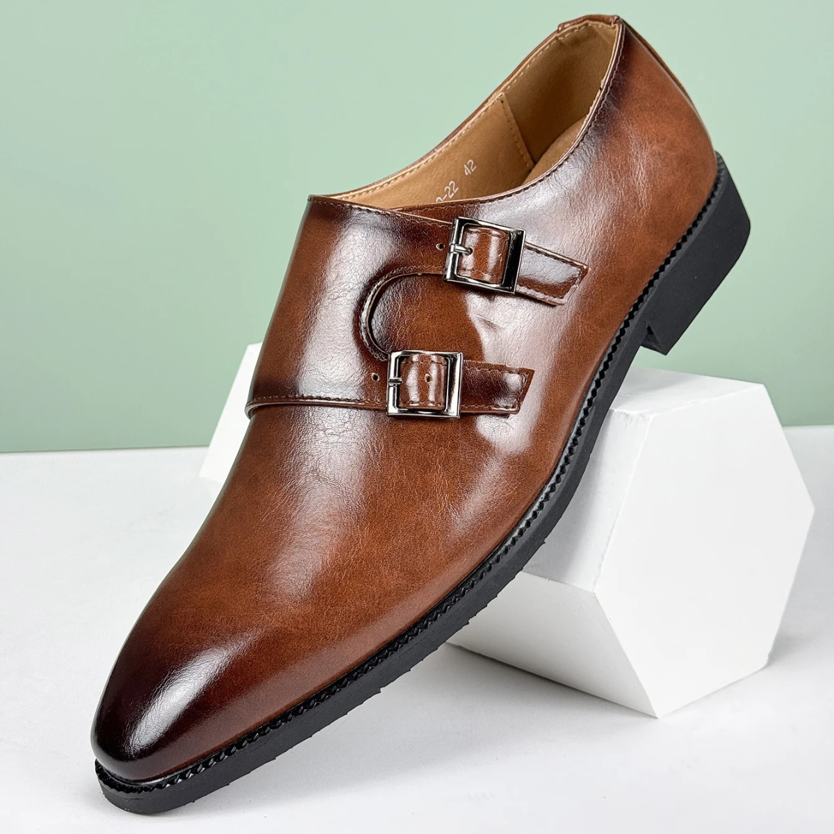 Axel | Men's Double Buckle Strap Dress Shoes Brown Leather