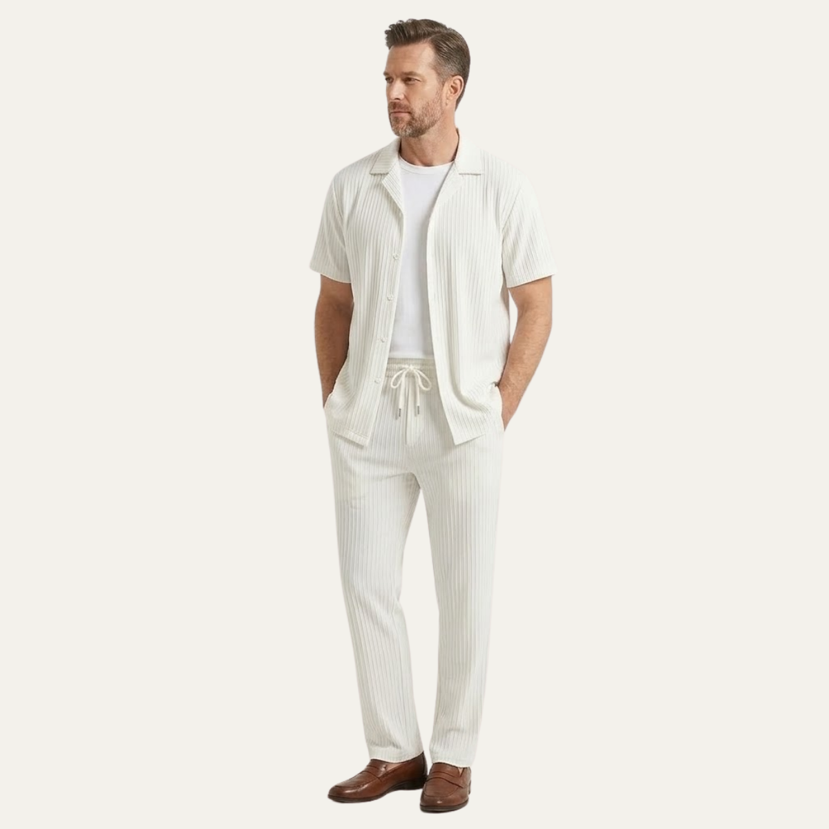 Axel | Men's Casual Pinstripe Linen Set Navy Short Sleeve