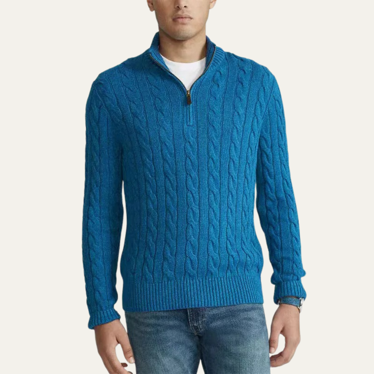 Rowan | Men's Cable Knit Quarter Zip Sweater Cream Mock Neck