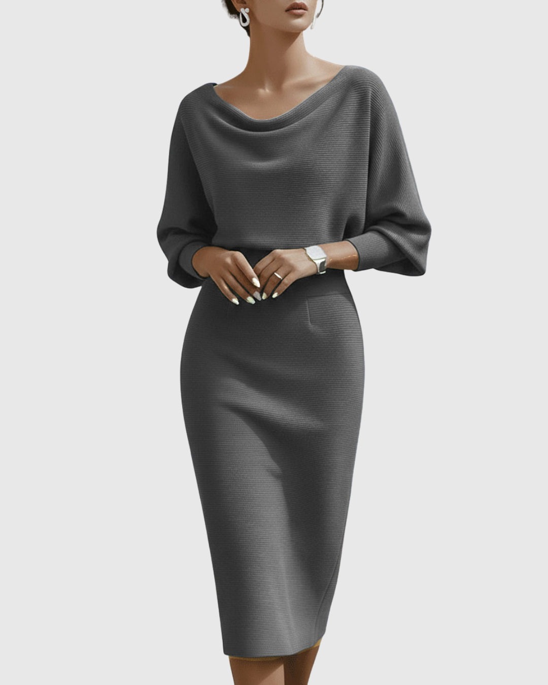 Elise | Women's Cowl Neck Midi Dress Black Long Sleeve