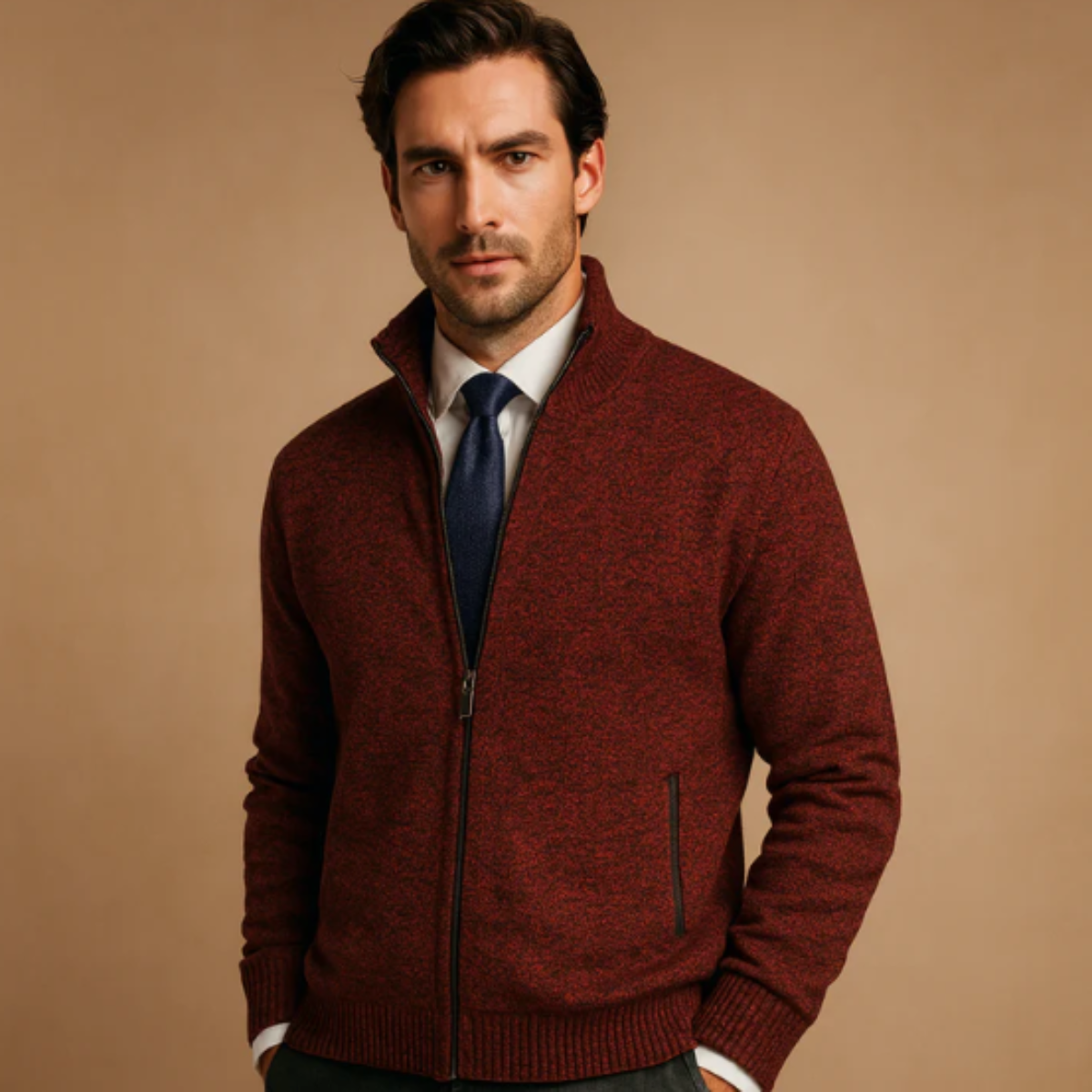 Beau | Men's Wool Blend Zip Cardigan Cream Stand Collar