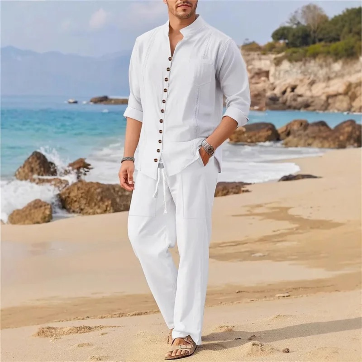 Axel | Men's Linen Sweatsuit Pink Button Up