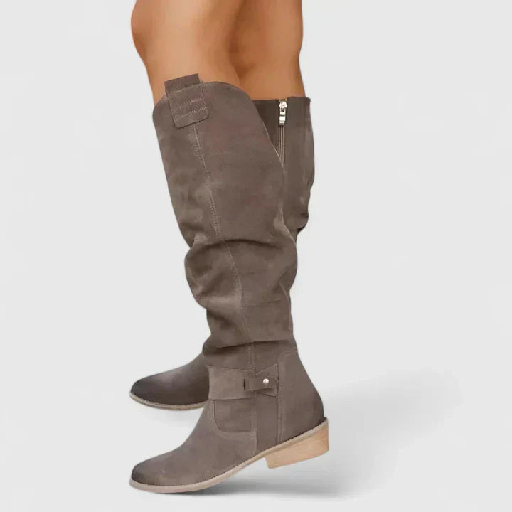 Maren | Women's Suede Knee High Boots Cream Buckle Detail