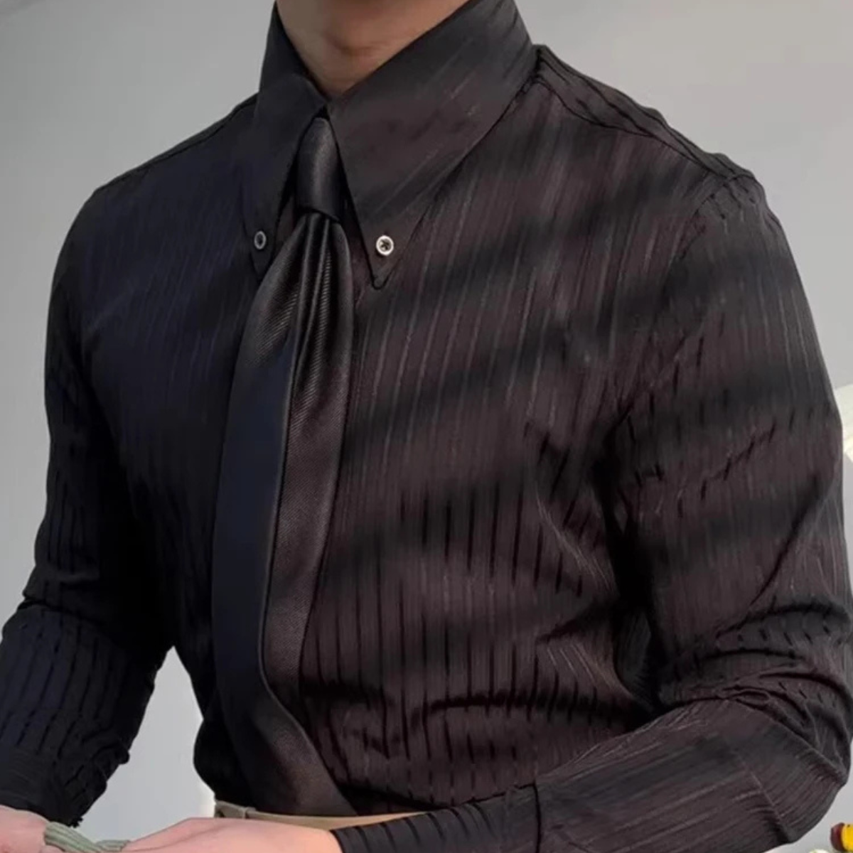 Rhys | Men's Pinstripe Dress Shirt Black Long Sleeve
