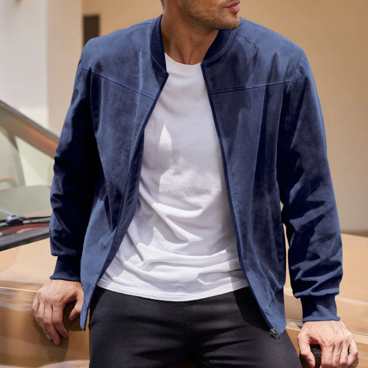 Marco | Men's Casual Suede Bomber Jacket Beige
