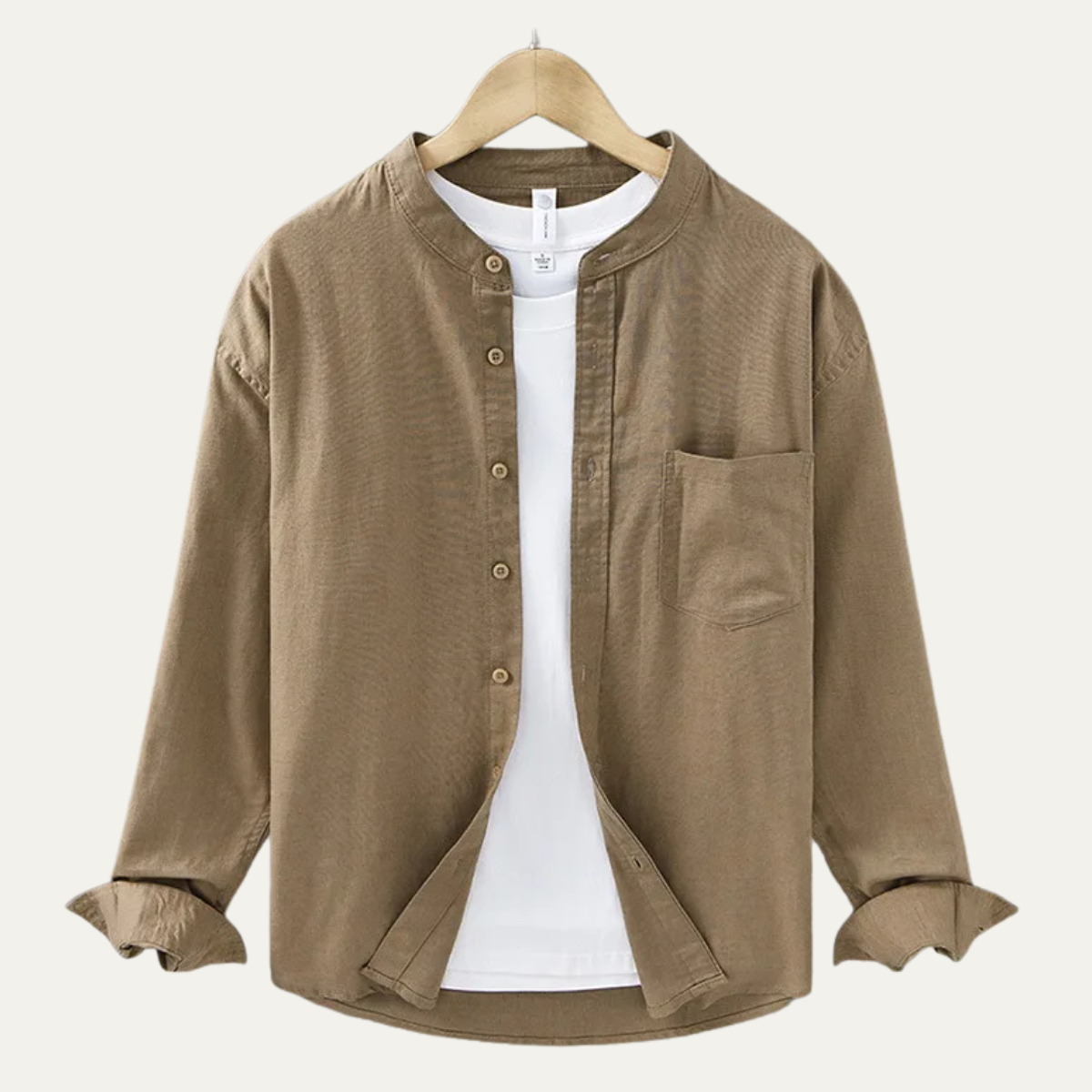 Otto | Men's Casual Linen Button Up Shirt Cream Mandarin Collar