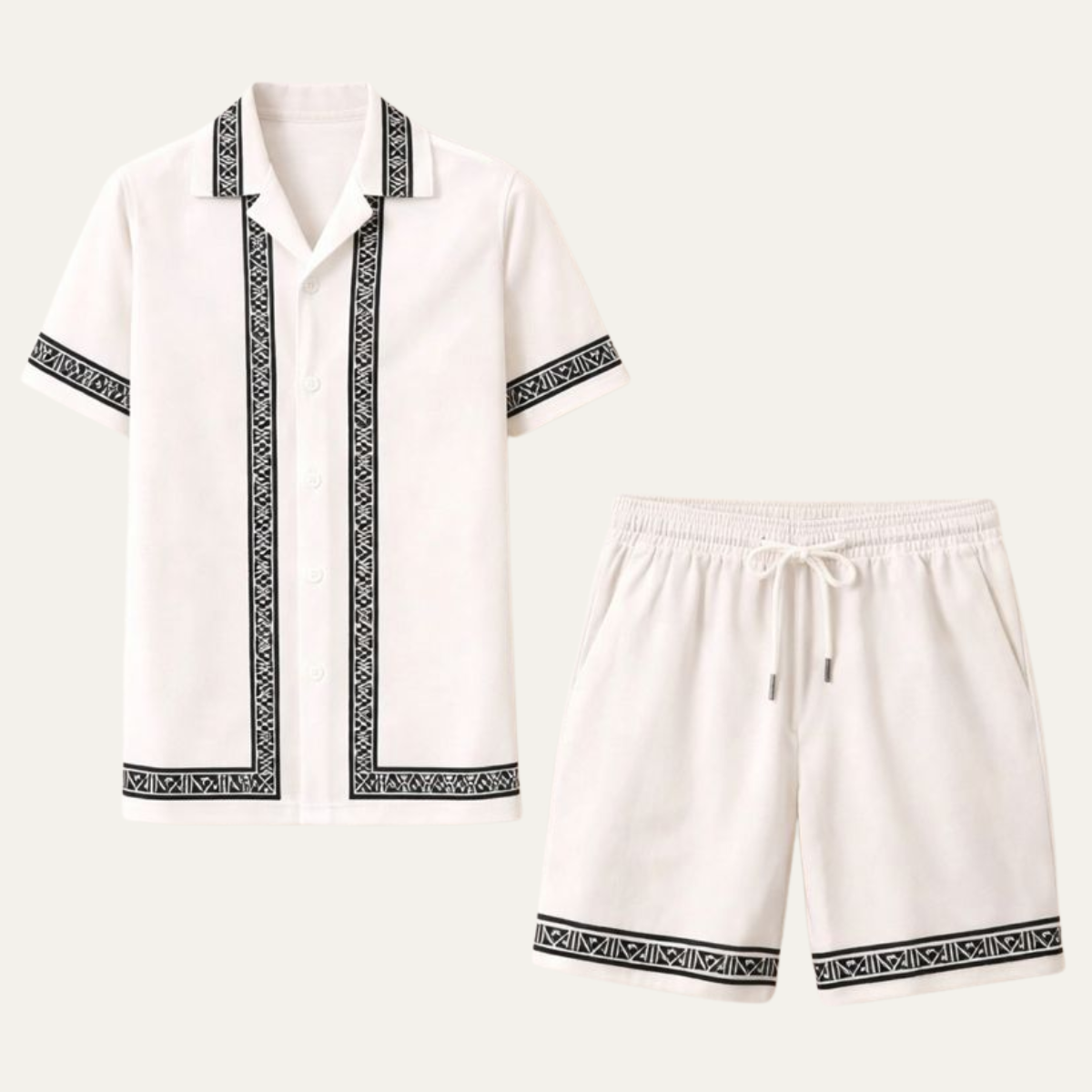 Axel | Men's Matching Set Cream Geometric Pattern Short Sleeve