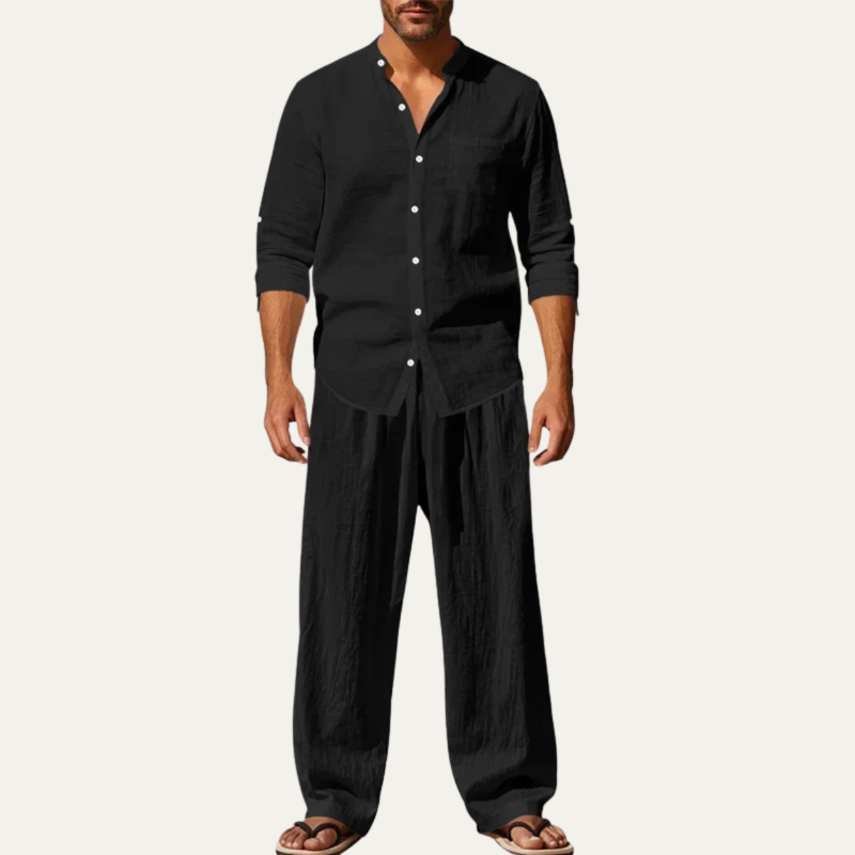 Sage | Men's Linen Lounge Set Cream Button Up Shirt Wide Leg Pants