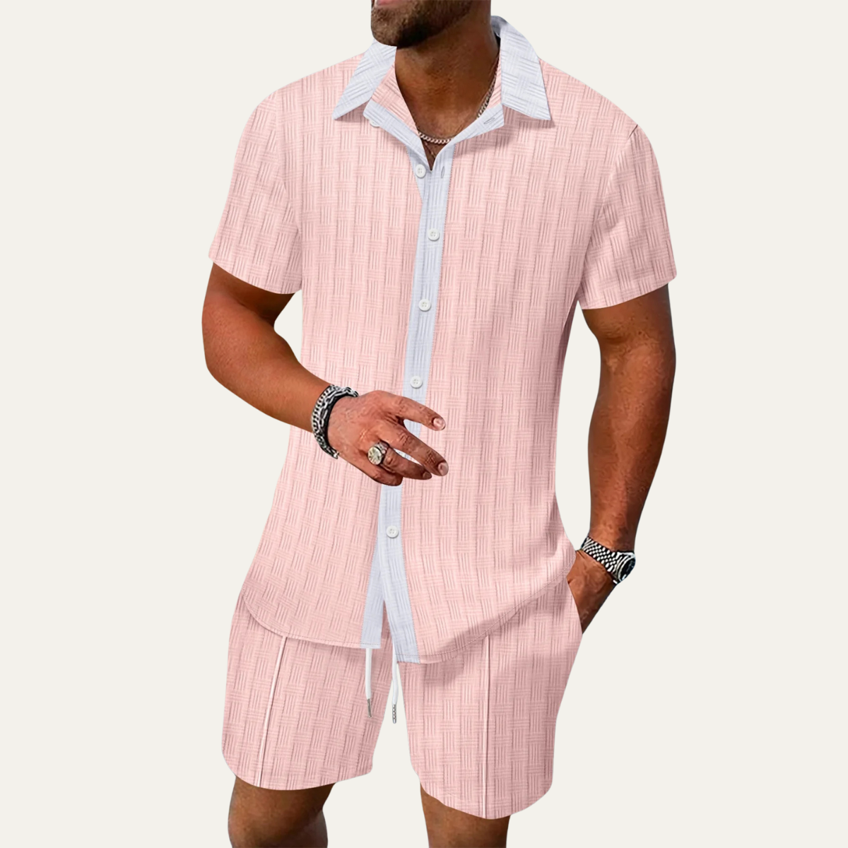 Axel | Men's Casual Textured Short Sleeve Shirt Shorts Set Pink