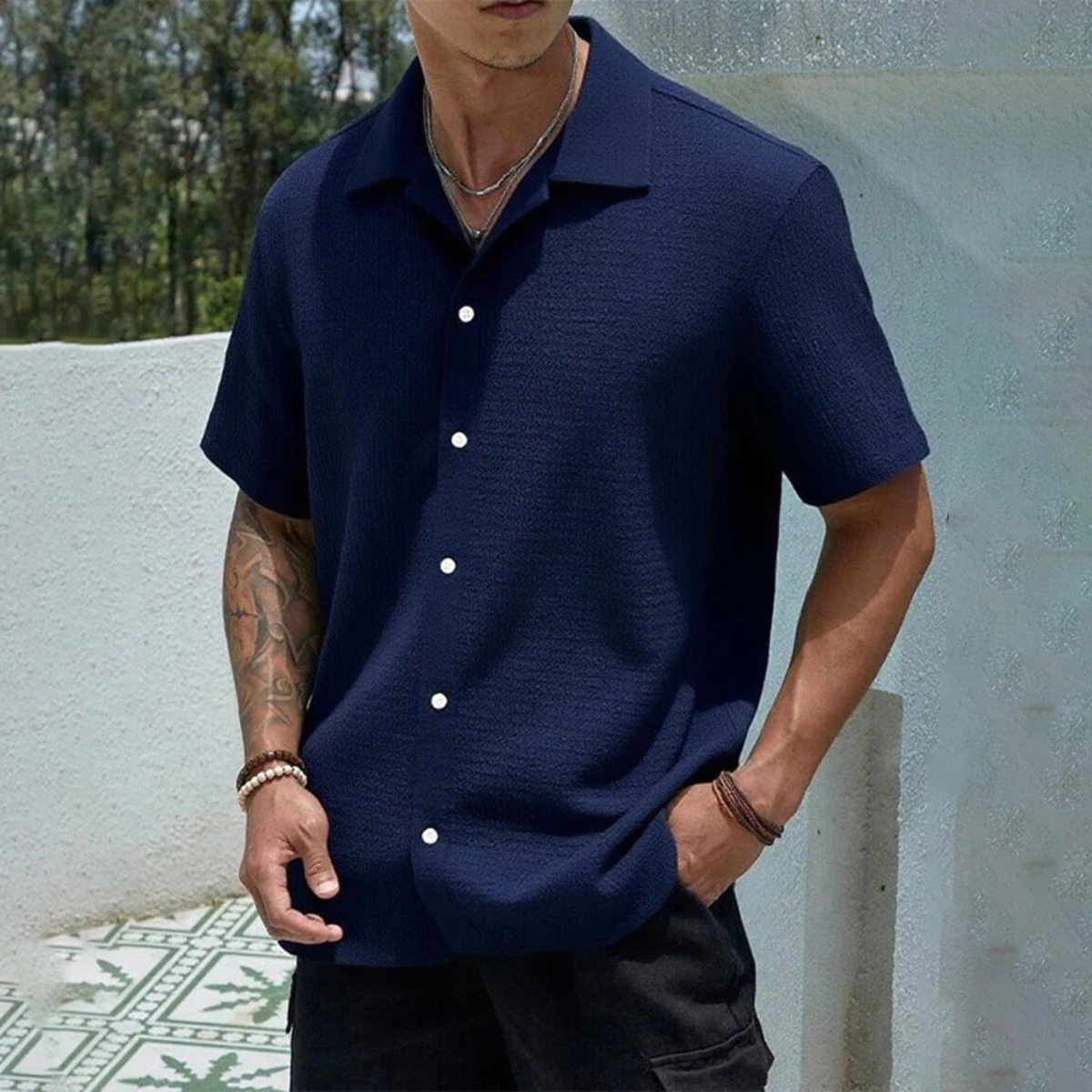 Callum | Men's White Textured Camp Collar Shirt