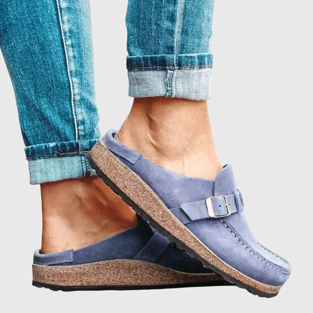 Maeve | Women's Suede Loafer Clog Mule Beige Buckle Detail