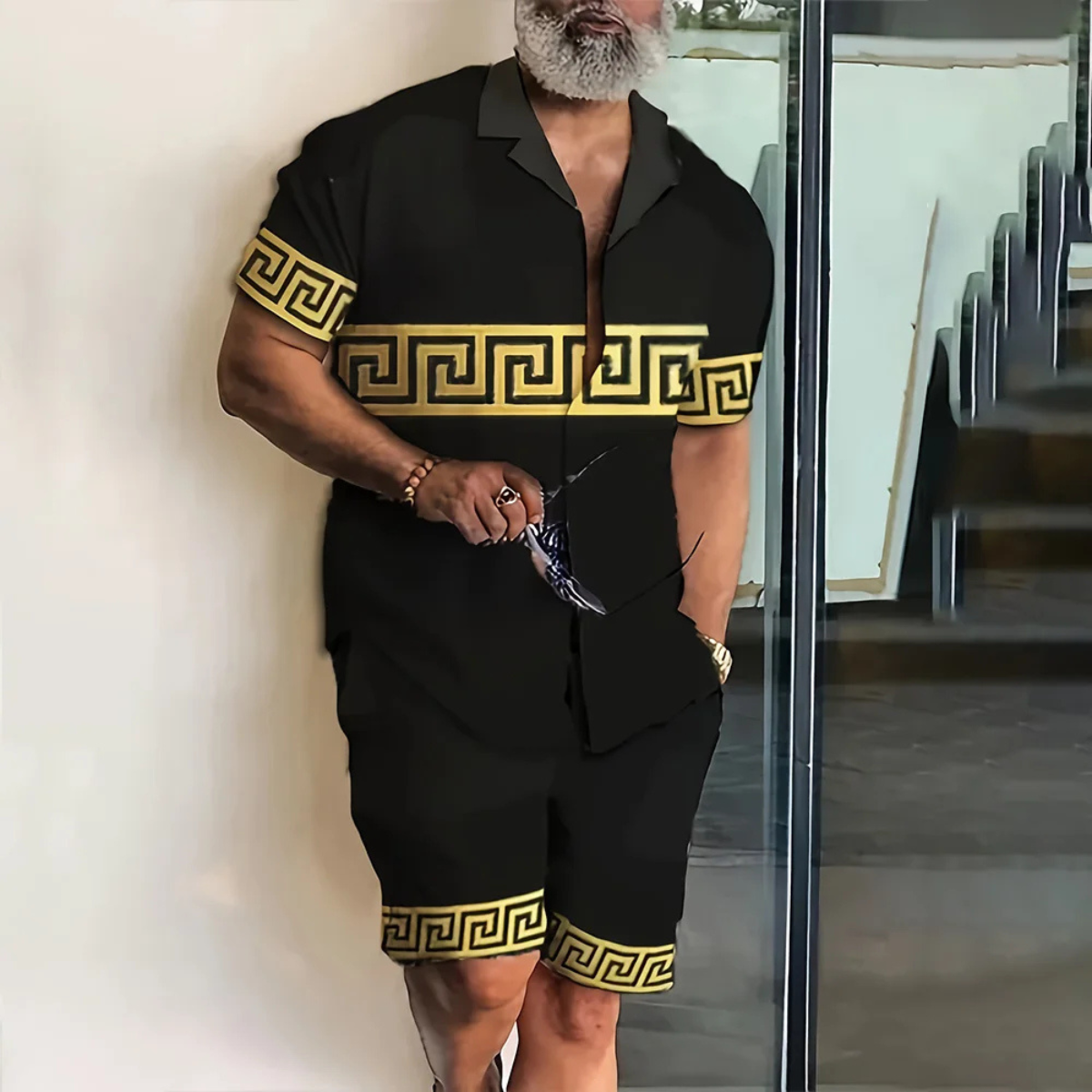 Axel | Men's Matching Set Cream Geometric Pattern Short Sleeve