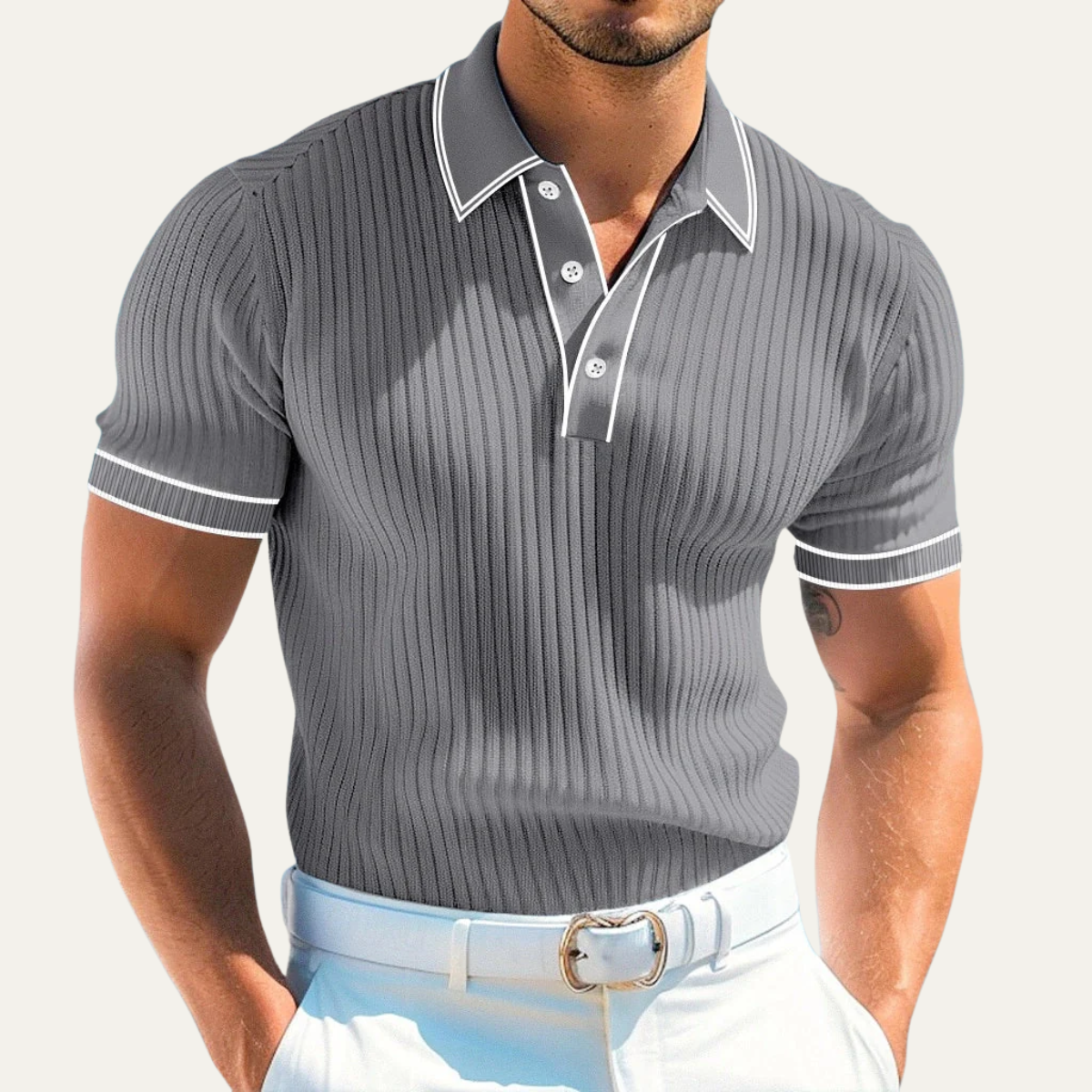 Sage | Men's Ribbed Knit Polo Shirt Gray Short Sleeve