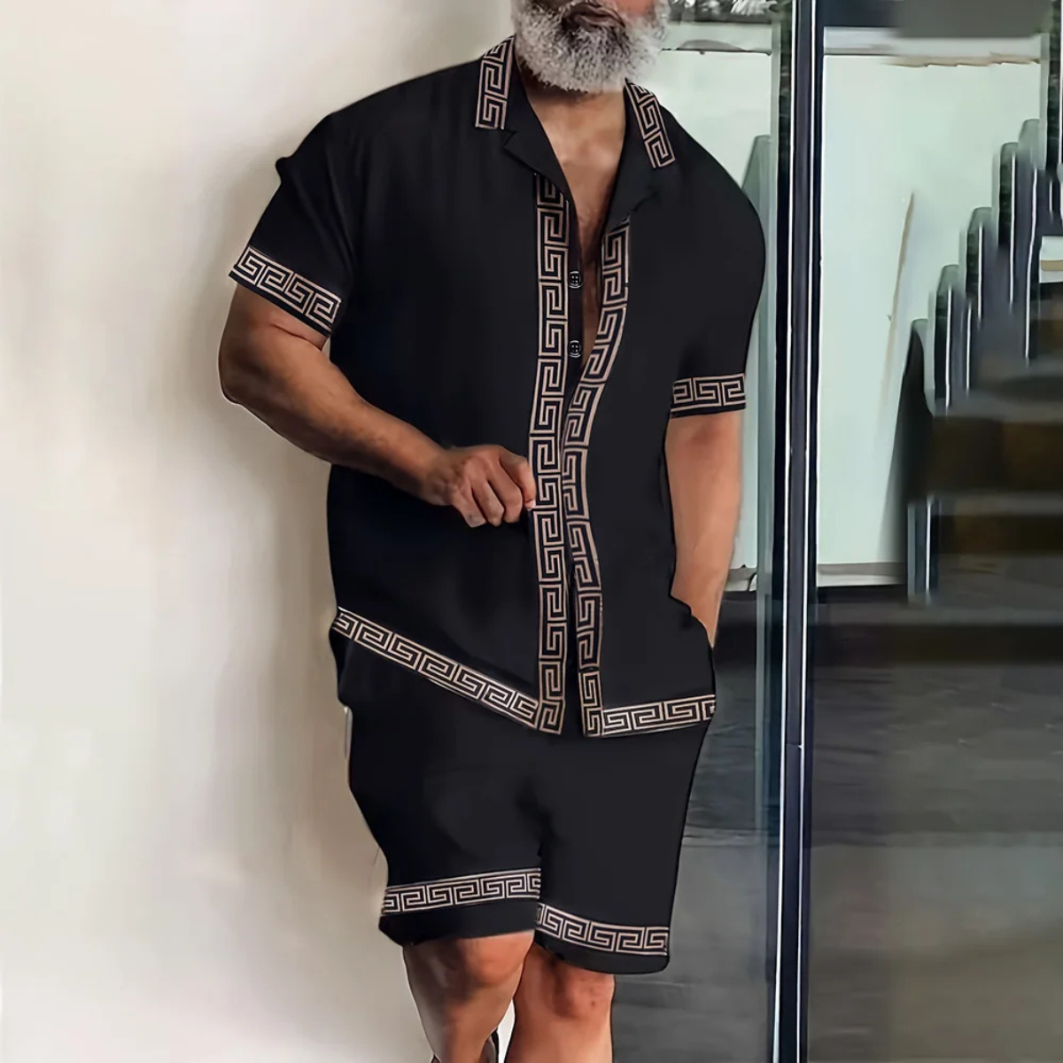 Beau | Men's Geometric Print Sweatsuit Black Shorts Set