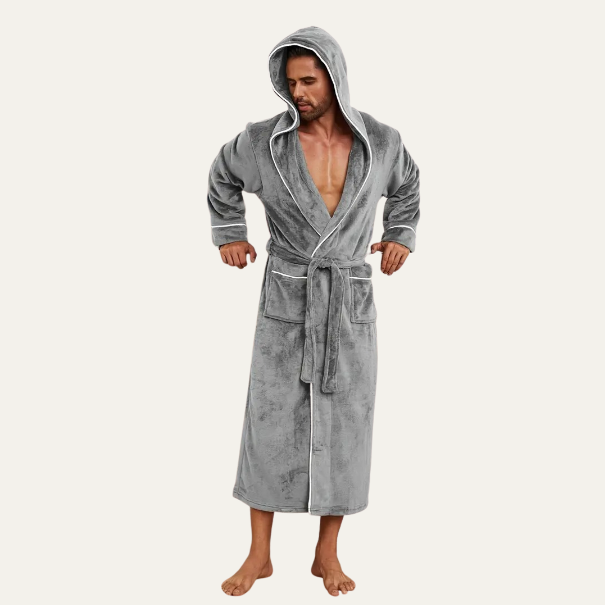 Voss | Men's Hooded Velour Robe Gray Long Sleeve