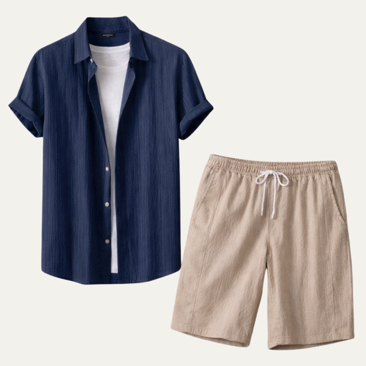 Sage | Men's Linen Shirt And Shorts Set Navy Beige