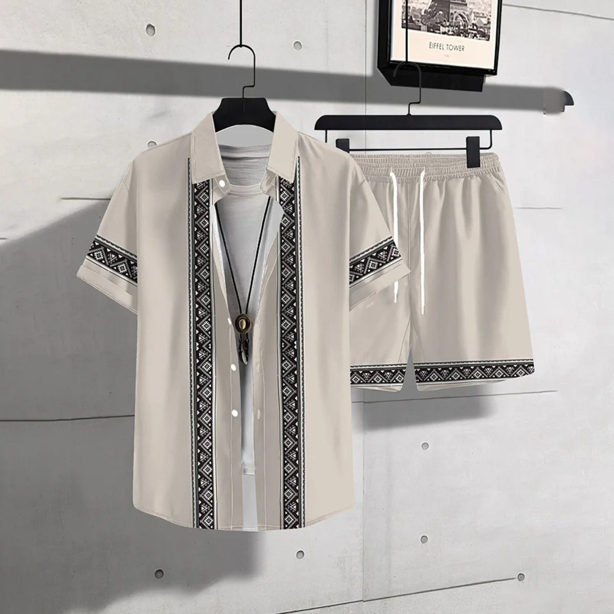 Beau | Men's Geometric Print Sweatsuit Black Shorts Set