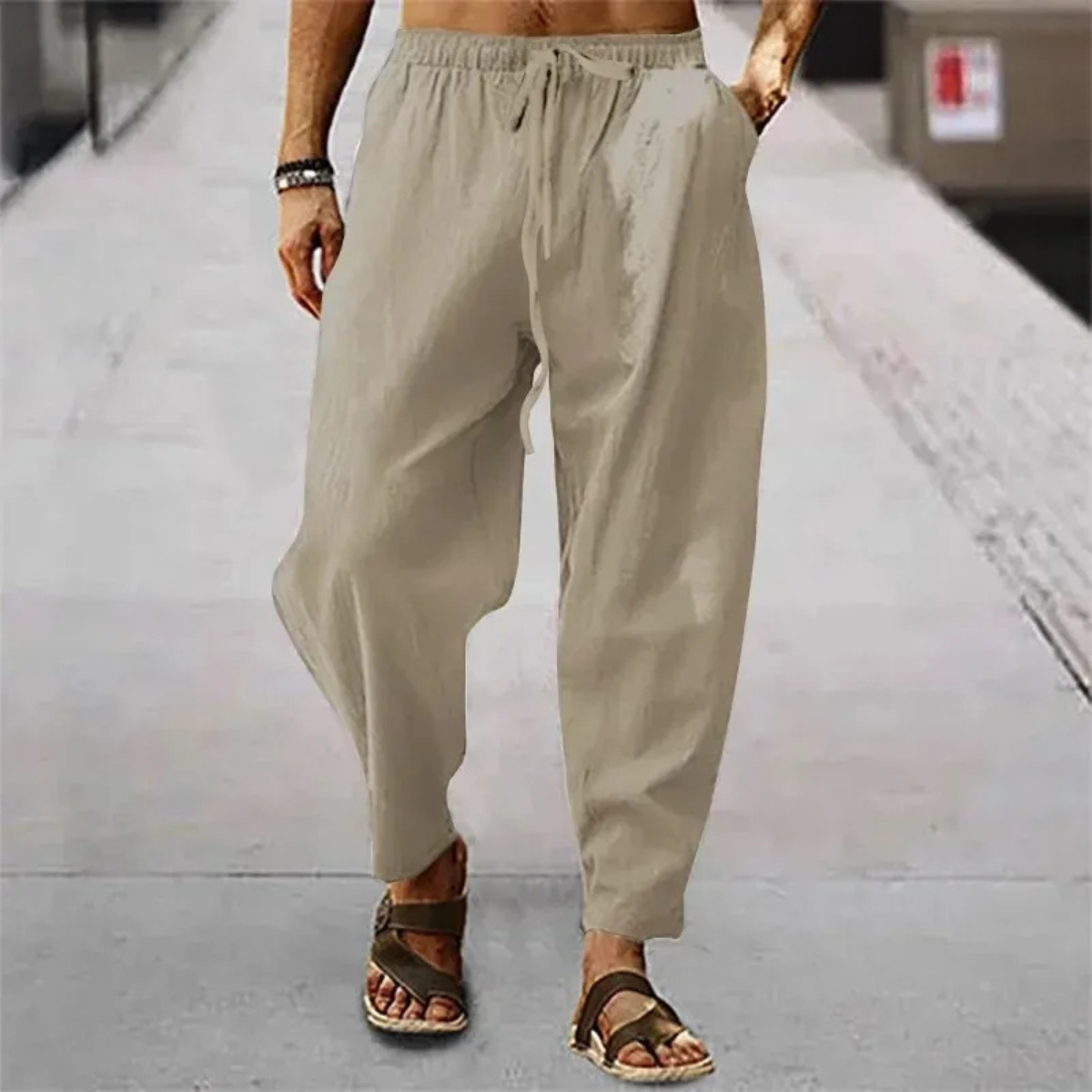 Rowan | Men's Casual Linen Wide Leg Pants Cream