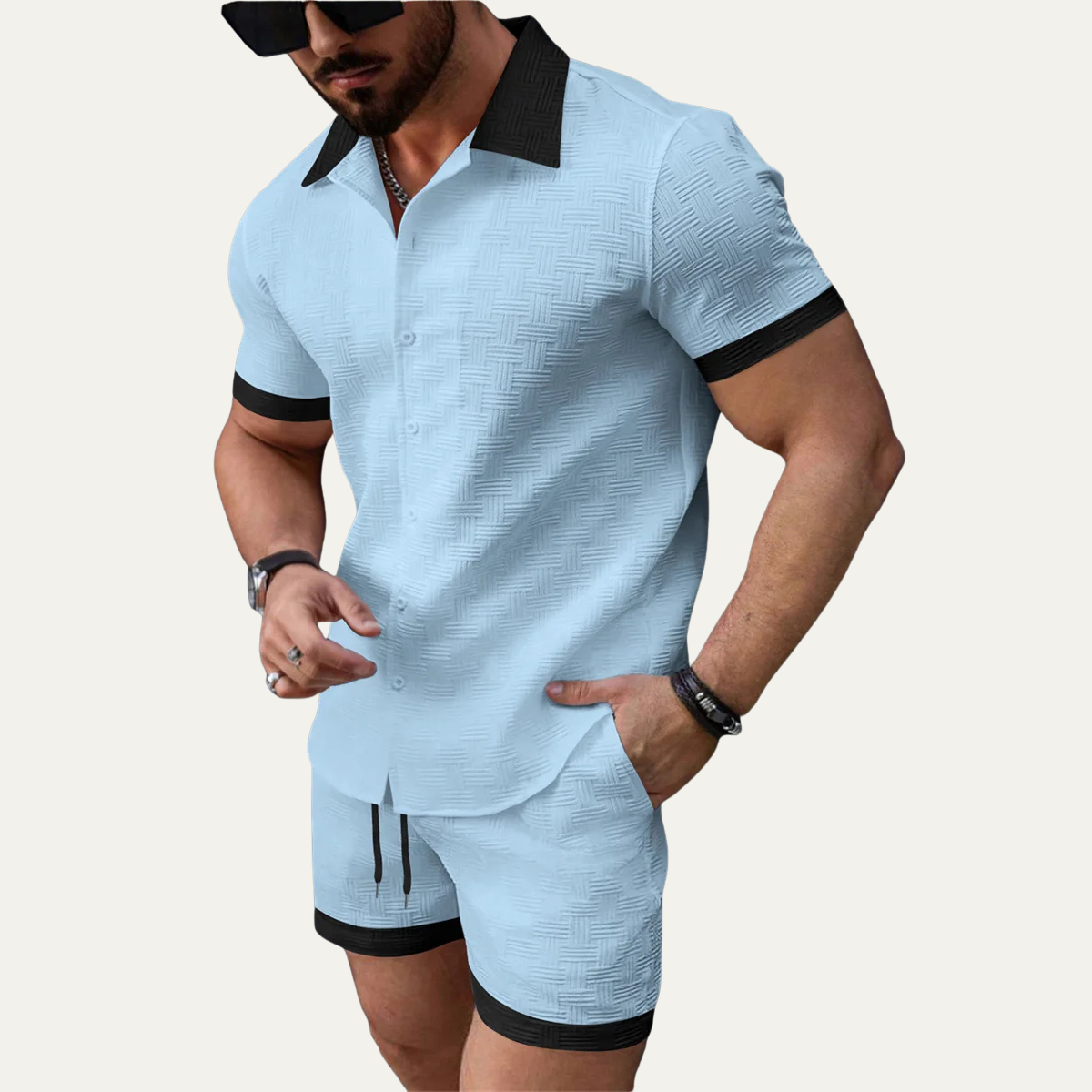 Maxim | Men's Sweatsuit Light Blue Textured Knit Black Trim
