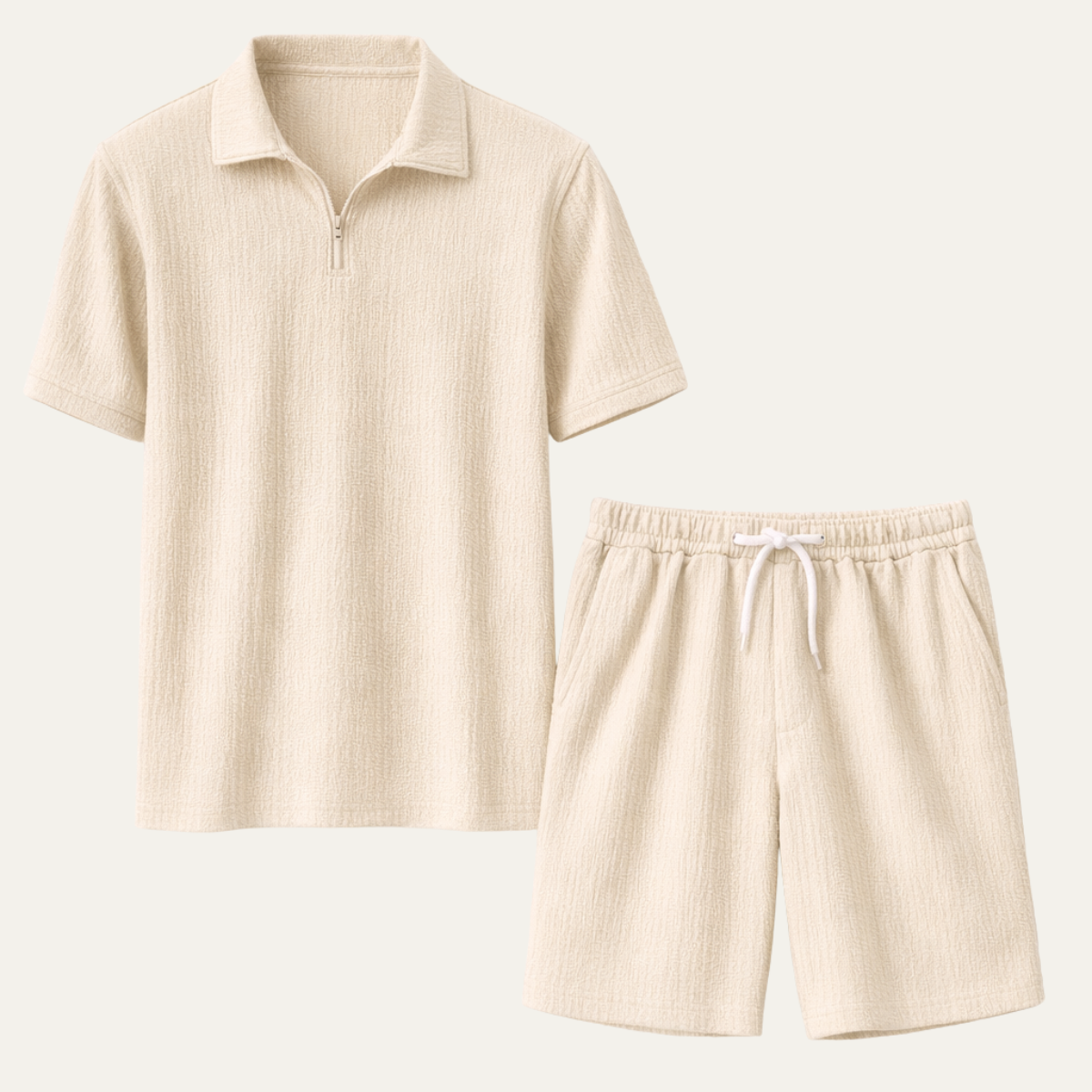 Beau | Men's Sweatsuit Cream Ribbed Knit Polo Shorts Set