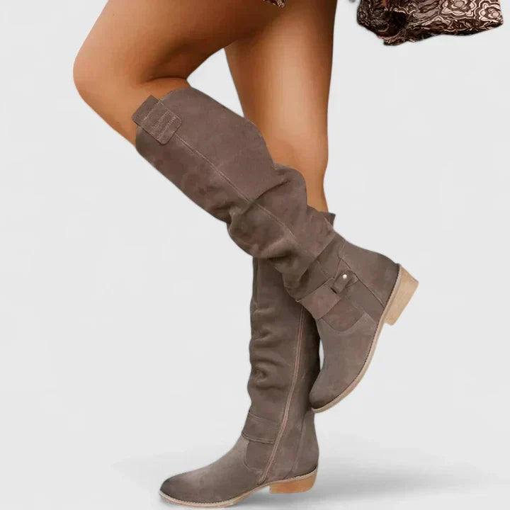 Maren | Women's Suede Knee High Boots Cream Buckle Detail