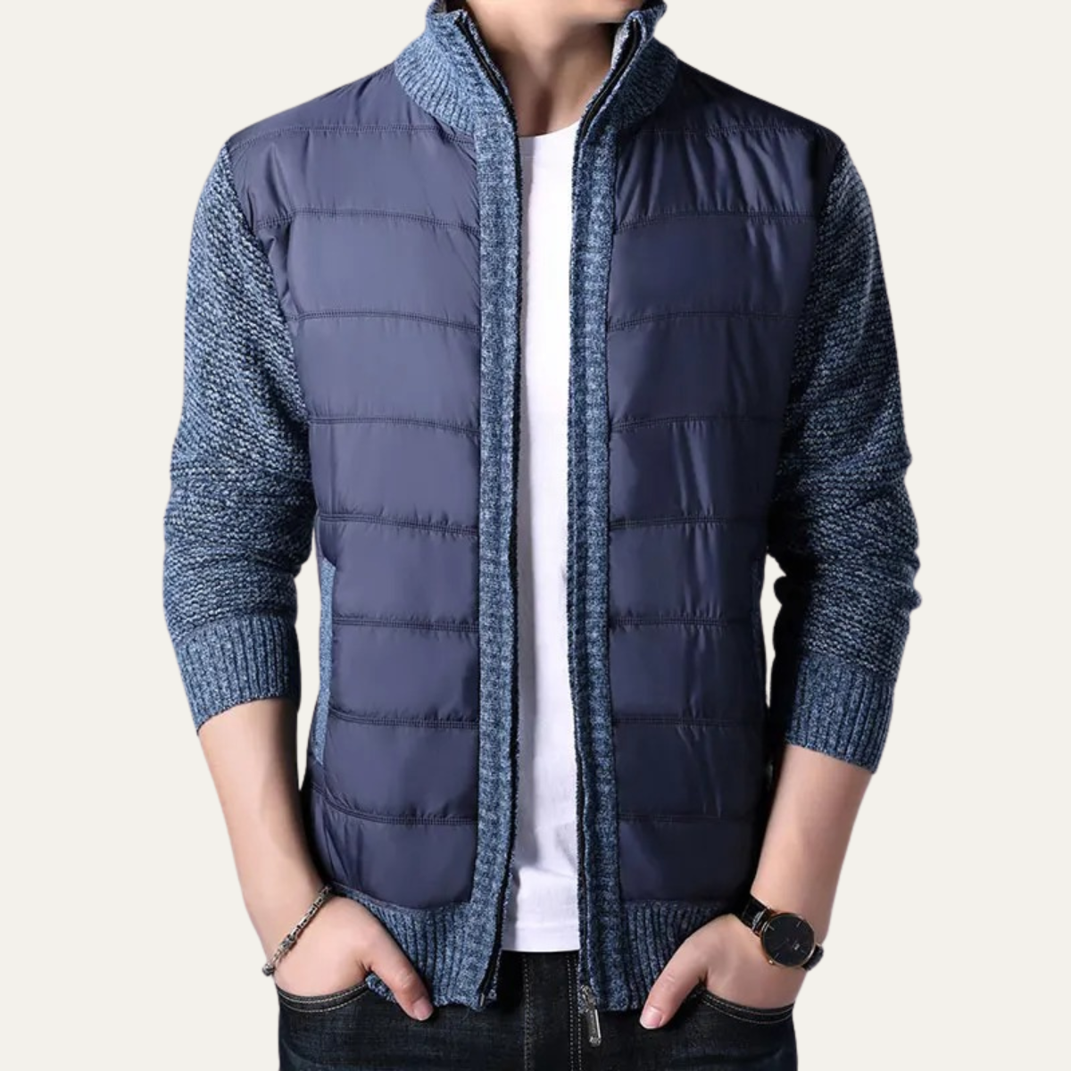 Axel | Men's Quilted Puffer Jacket Black Knit Sleeve