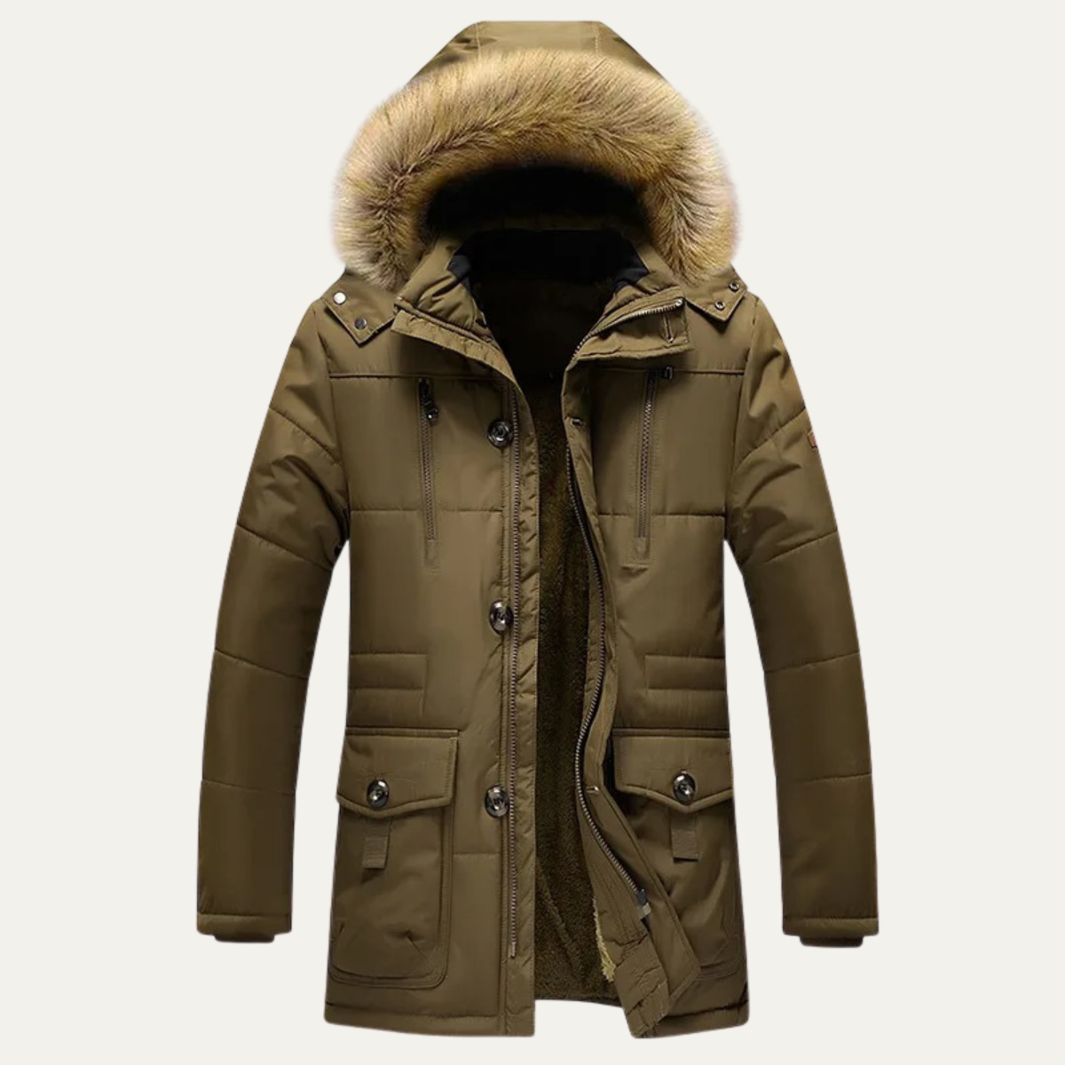 Wyatt | Men's Puffer Coat Khaki Quilted Fur Hood Winter