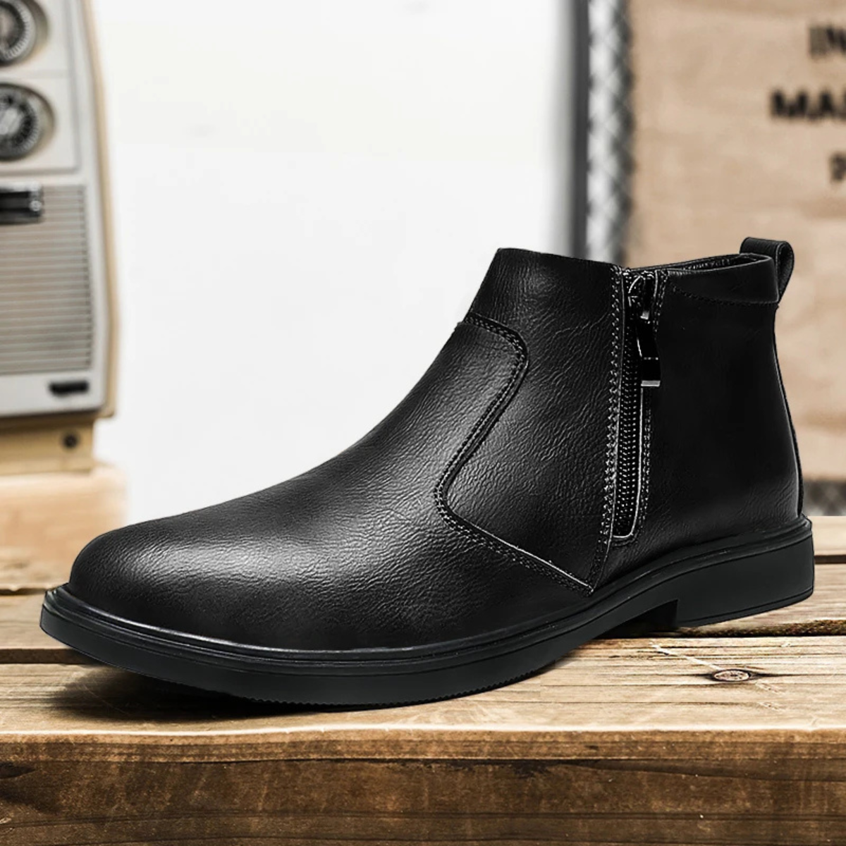 Rhys | Men's Casual Side Zip Leather Ankle Boots Black