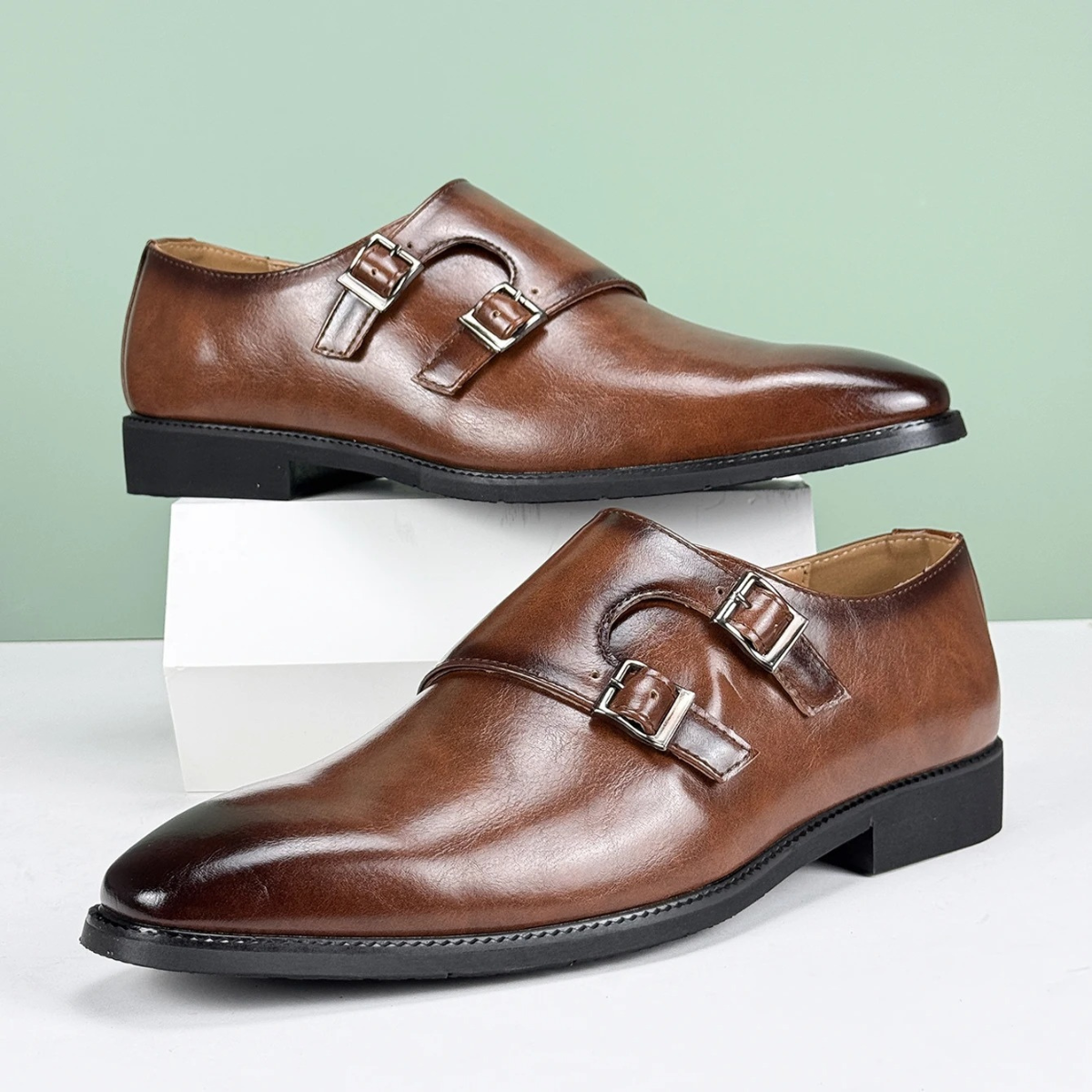 Axel | Men's Double Buckle Strap Dress Shoes Brown Leather