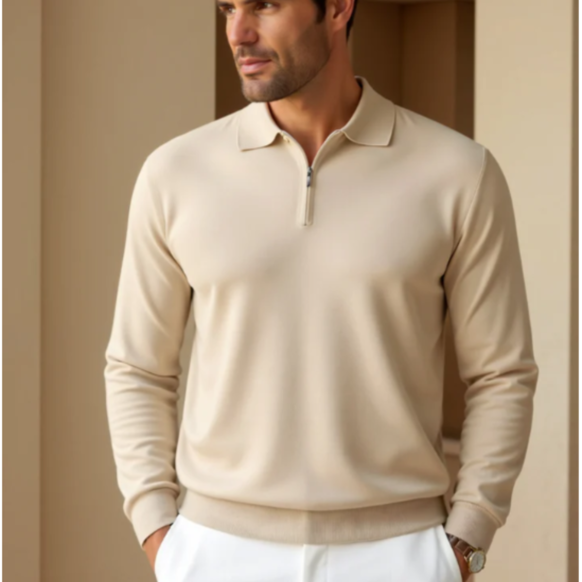 Rhys | Men's Quarter Zip Sweater Cream Polo Collar