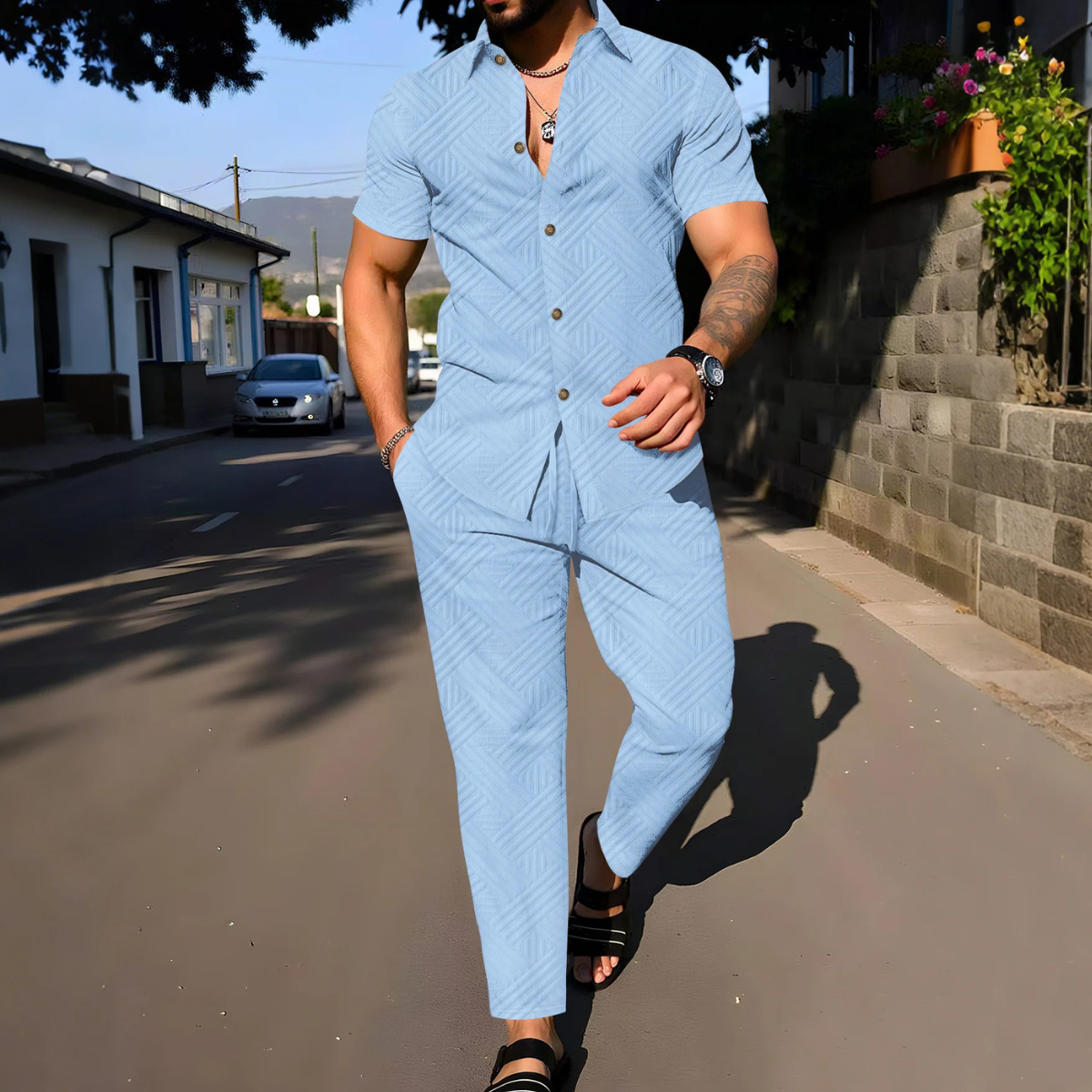 Sage | Men's Casual White Textured Short Sleeve Button Up Lounge Set