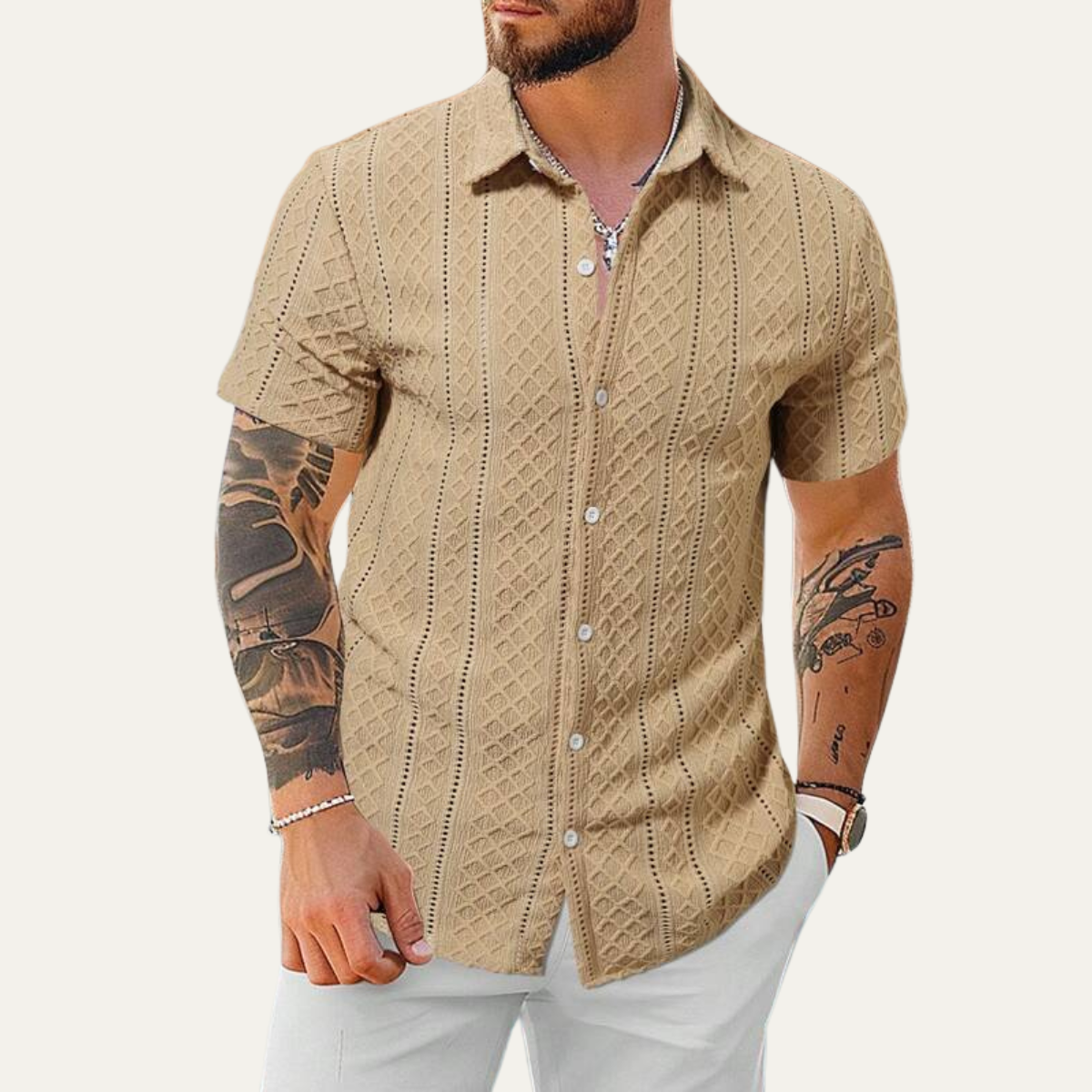 Ash | Men's Casual Textured Button Up Shirt Pink Short Sleeve