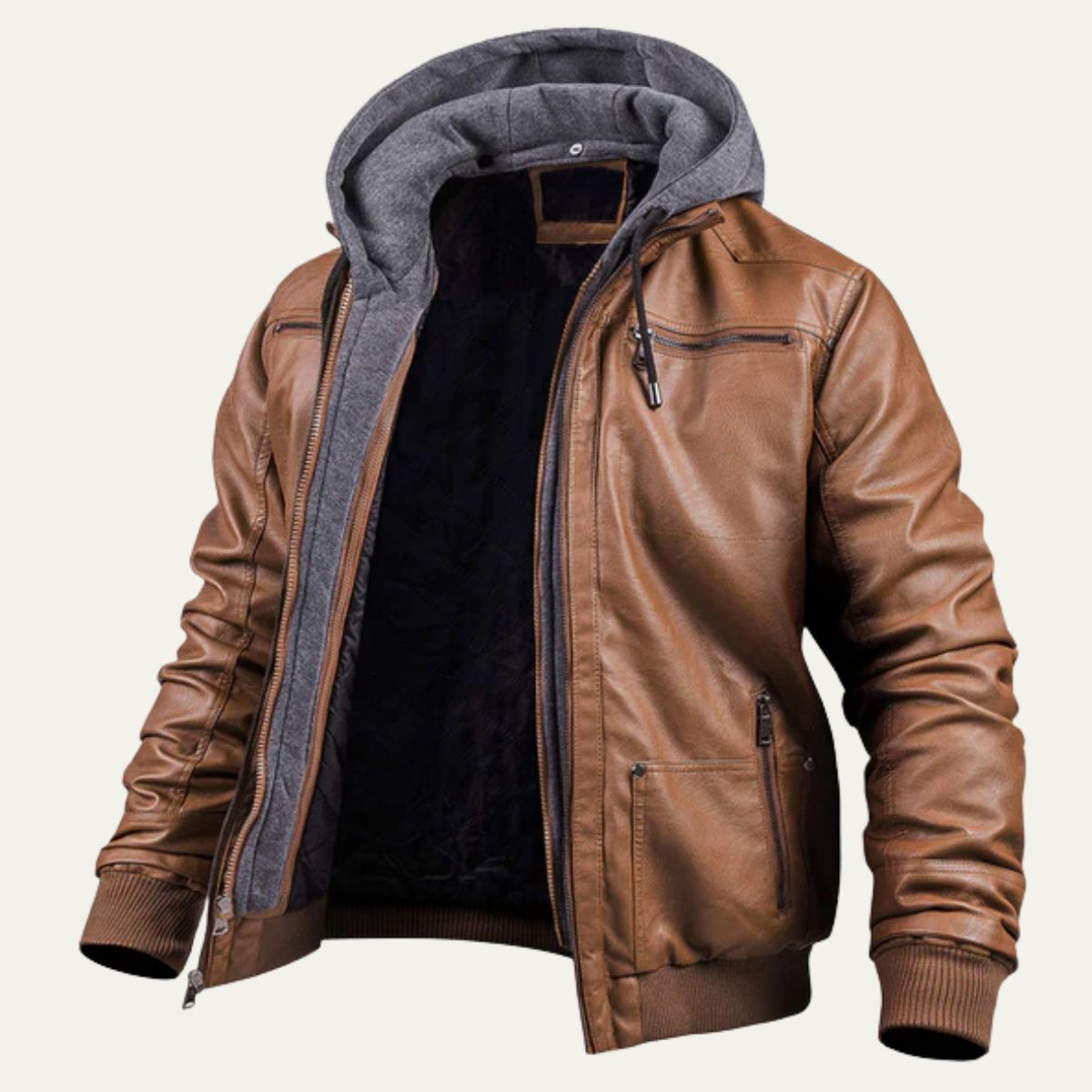 Voss | Men's Leather Jacket Black Hooded Bomber