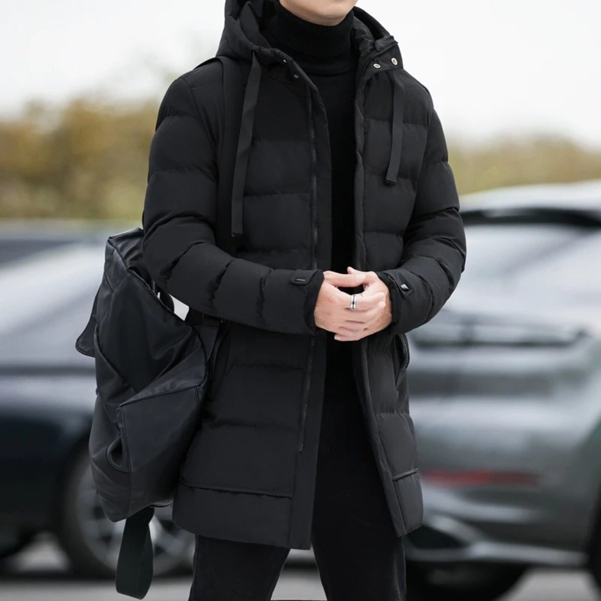 Zeke | Men's Puffer Coat Black Longline Hooded