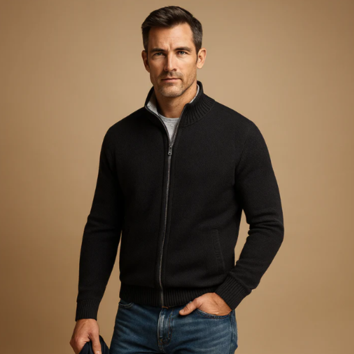 Beau | Men's Wool Blend Zip Cardigan Cream Stand Collar