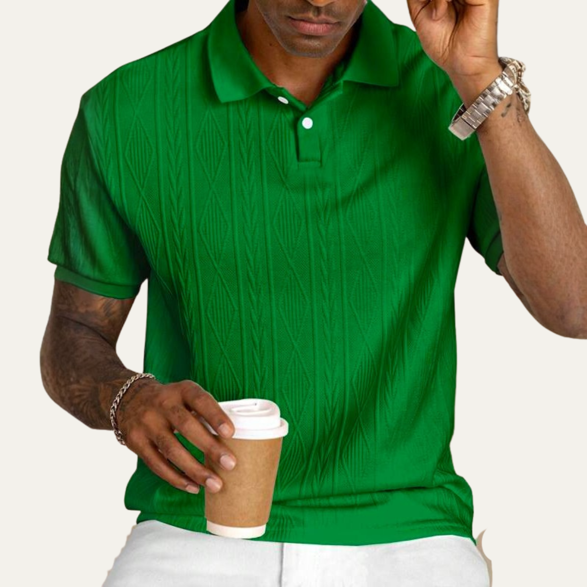 Ash | Men's Textured Polo Shirt Olive Green Short Sleeve