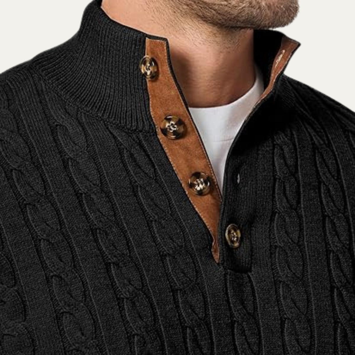 Bram | Men's Cable Knit Sweater Black Elbow Patch Quarter Zip